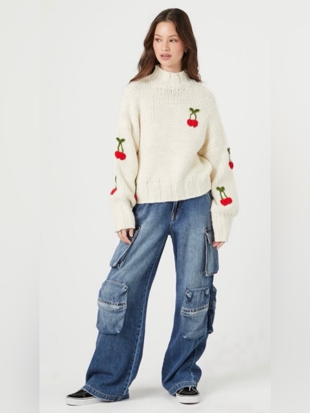 Forever 21 Cherry Knit Sweater In Ivory/Cream Size S